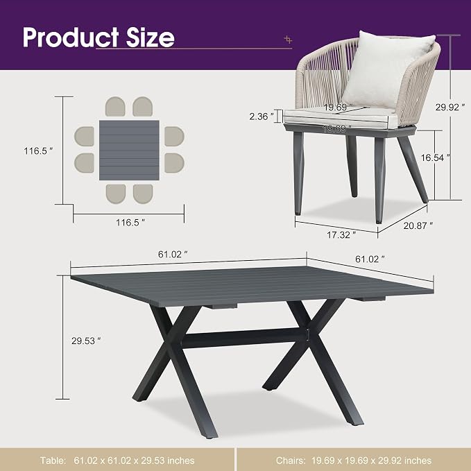 PURPLE LEAF 9 Pieces Outdoor Metal Furniture Set Patio Conversation Sets Dining Set, 1 Square Dining Table and 8 Modern Chairs with Cushions Seat Taupe - Image 9