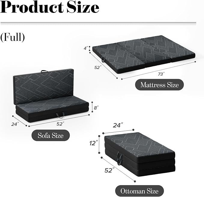 Tri Folding Mattress Full Size - Foldable Mattress Trifold Memory Foam Mat with Washable Cover, Handle & Non-Slip Bottom, Portable Foldable Floor Sofa Bed for Travel Camping Guest - 4 Inch, 73"x52"x4"