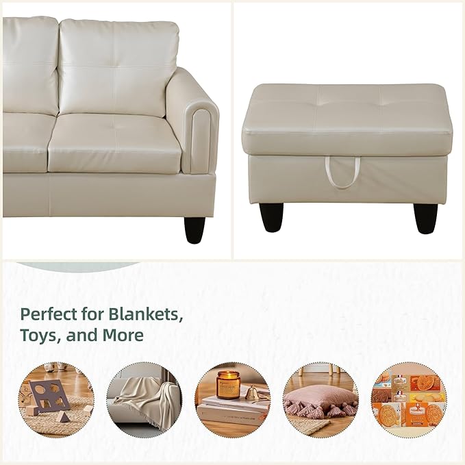 FONTOI L Shaped Sectional Couches for Living Room, Leather Couch Modular Sectional Sofa with Ottoman Storage, Modern L Shaped Couch with Chaise for Bedroom Apartment Furniture, White