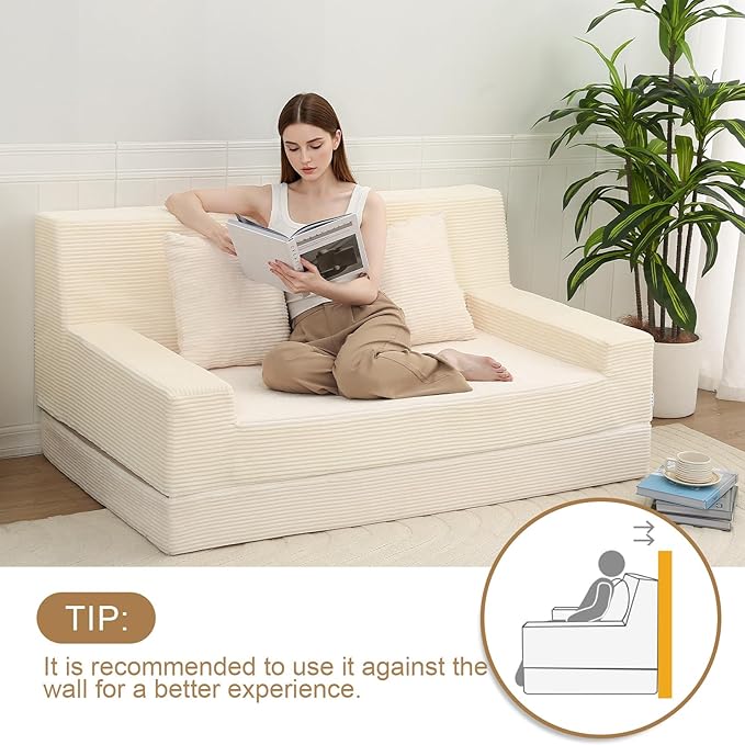 MeMoreCool Boneless Folding Queen Sofa Bed – Corduroy Convertible Futon Sleeper Couch with Foam Core & Pillow, Washable Cover, Space-Saving Floor Sofa for Living Room, Guest Bedroom, Apartment