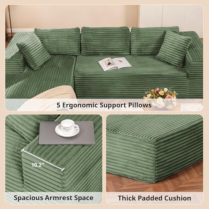 COMHOMA 105”Modular Sectional Sofa with Deep Seat,Cloud Upholstered L-Shape Couch Wide Arms Corduroy Fabric High-Density Foam Chaise Lounge for Living Room No Assembly Required