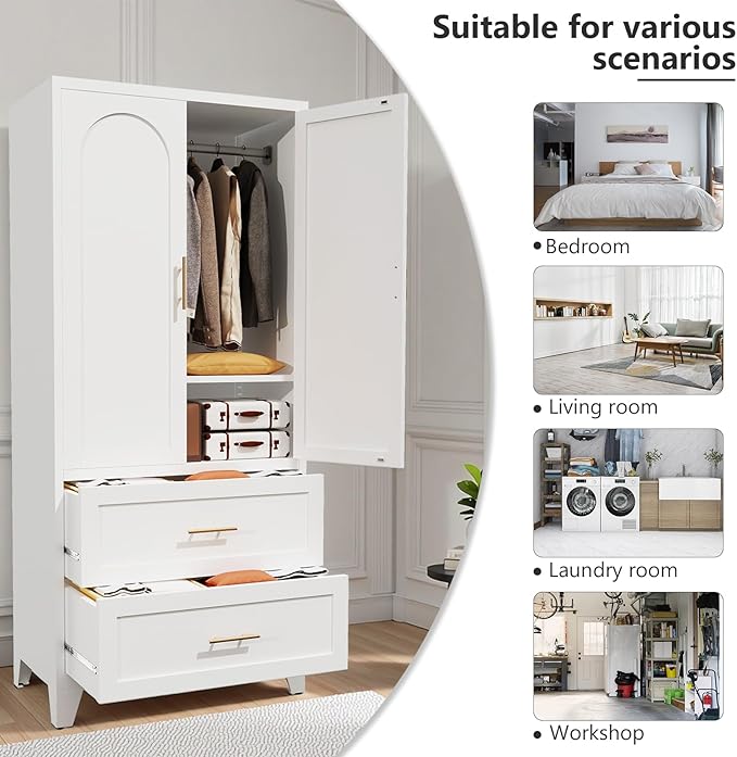 71" Metal Armoire Wardrobe Closet with 2 Drawers, Freestanding Arched 2-Door Tall Clothing Storage with Adjustable Shelves and Hanging Rod for Bedroom Dorm, White