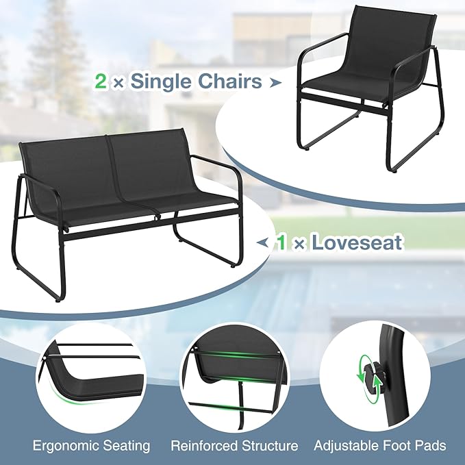 HAPPYGRILL 8 Pieces Patio Conversation Set, Fabric Lawn Chairs and Loveseat with Tempered Glass Coffee Table, Heavy Duty Metal Frame, Outdoor Furniture Set for Porch, Garden and Poolside