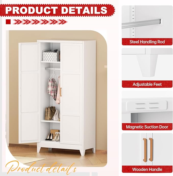 Superday Metal Wardrobe Closet, 72" H Bedroom Armoires with Wooden Handle, Storage Cabinet with Adjustable Shelves and Hanging Rods, Steel Storage Locker Closet for Home, Office, Employee, Gym (White)