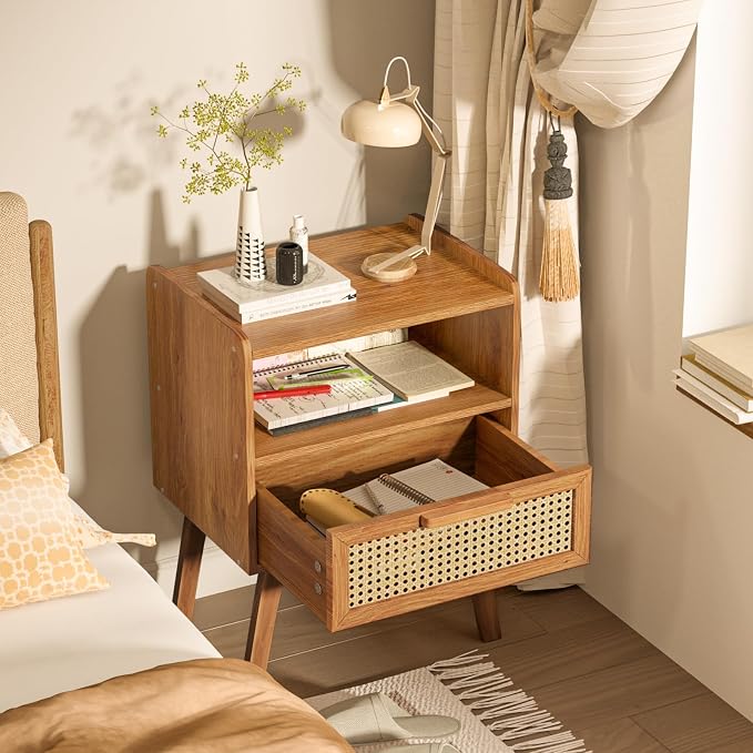 Lerliuo Rattan Nightstand, Side Table with Drawer Open Shelf, Cane Accent Bedside End Table with Solid Wood Legs, Mid Century Modern Night Stand for Bedroom, Dorm and Small Spaces (Tea Brown) - Image 4