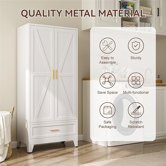 Metal Wardrobe Cabinet, 71" Tall Armoire Wardrobe Closet with Drawer,Hanging Rod and Adjustable Shelf, Farmhouse Clothing Storage Cabinet for Bedroom, Laundry