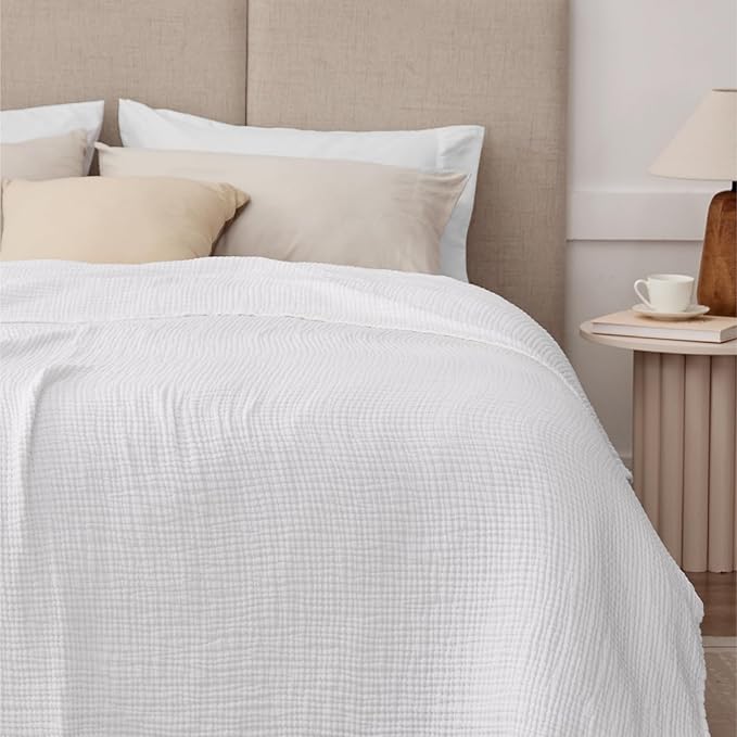 100% Cotton Twin XL Blankets for Bed 66" x 90", Cooling and Soft Muslin Throw Blanket, Soft Boho Coverlet Bedspread, Gauze Bedding for Adults All Season, White