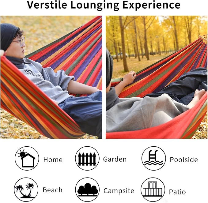 Hammock, Cotton Canvas Hammock Portable Camping Hammock with Carrying Bag Two Anti Roll Balance Beam Metal Carabiner Ropes and Tree StrapsSuit for Indoor,Yard,Camping,Outdoor-Rainbow - Image 4