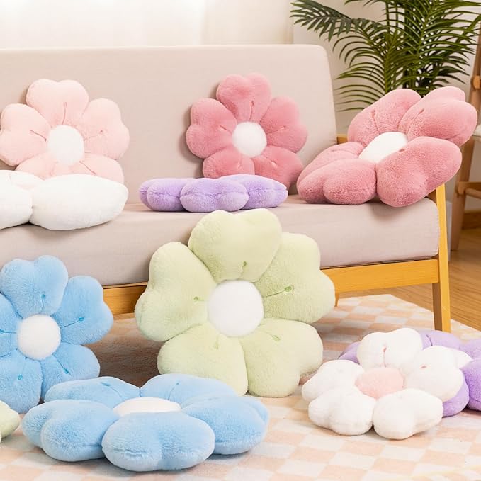 Flower Shaped Pillow, Cute Decorative Throw Pillow with Soft Artificial Rabbit Fur for Couch Bed Chair Floor, Flower Pillows Seating Cushions with Room Décor for Bedroom Living Room (19.6" Light Pink)