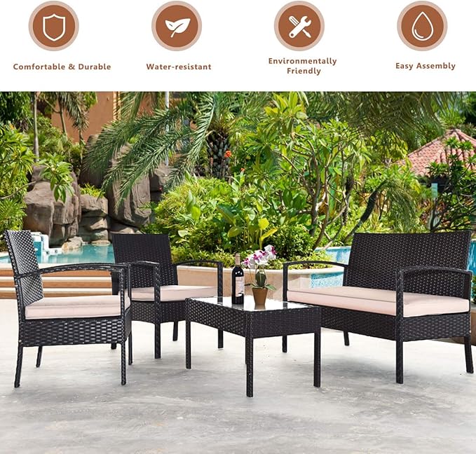 8 Pieces Patio Furniture Set, Wicker Conversation Set with Water-Resistant Cushion & Tempered Glass Table, 2 Set of Porch Deck Furniture Outdoor Rattan Chair for Backyard, Balcony(Beige)