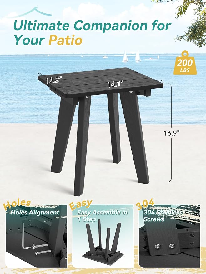 Outdoor Side Table, HDPE Weather Resistant Small Patio Table for Porch and Balcony, 200 LBS Capacity Heavy Duty Small Outdoor Table for Backyard and Pool, Easy Maintenance, Black - Image 3