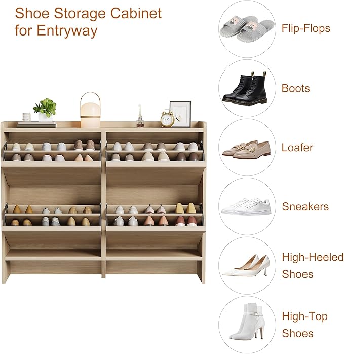 GarveeHome Shoe Cabinet with 4 Flip Drawers, Wooden Shoe Organizer Cabinet with Adjustable Shelf, Shoe Storage for Entryway, Hidden Shoe Cabinet for Hallway, Living Room, Natural Oak - Image 6