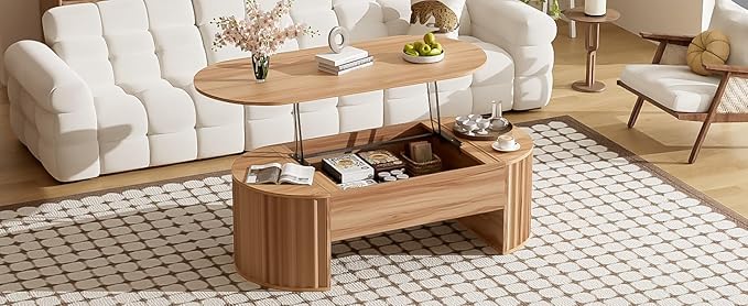 Lift Top Coffee Table with Storage Hidden Compartment, Partially Assembled Wooden Fluted Center Table, 47.2" Modern Oval Smart Lift Tabletop for Home Living Room Office-Natural