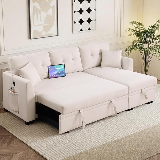 Convertible L-Shape Sofa Bed with Storage Space-Saving, Features Pull-Out Sleeper and Charging Ports for Apartment Living Room and Office, White