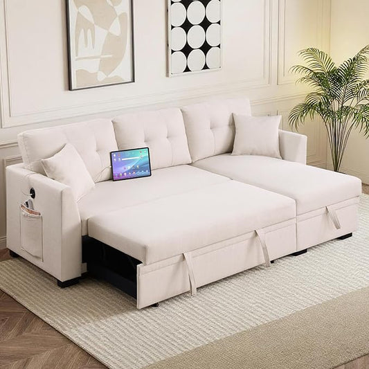 Convertible L-Shape Sofa Bed with Storage Space-Saving, Features Pull-Out Sleeper and Charging Ports for Apartment Living Room and Office, White