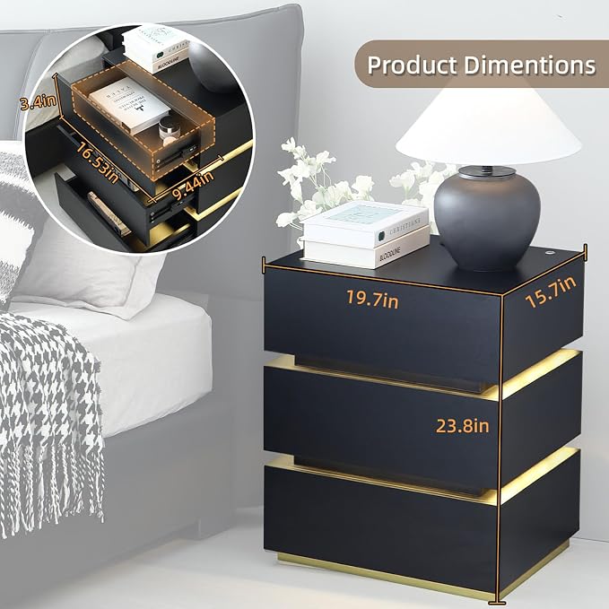 Nightstand Set of 2, LED Night Stand with Charging Station & 3 Storage Drawers, Modern Bedside Tables with USB Ports for Bedroom, Living Room - Image 3