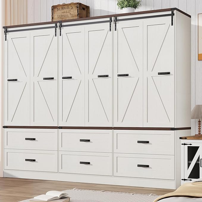 Farmhouse 6 Doors Armoire Wardrobe Closet w/Folding Sliding Barn Door and Lights, LED Armoire Closet w/ 6 Drawers for Bedroom, Freestanding Wooden Wardrobe Storage Closets w/Hanging Rod,Antique White