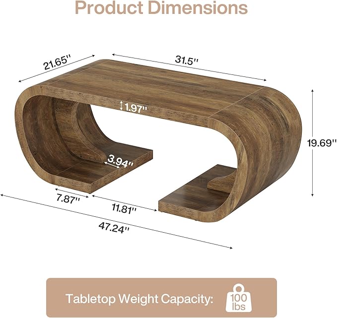 Tribesigns Farmhouse Coffee Table, 47" Heavy Duty C-Shaped Center Table with Curved Base, Large Tea Table for Living Room, Entertainment Room, Home Office, Rustic Brown