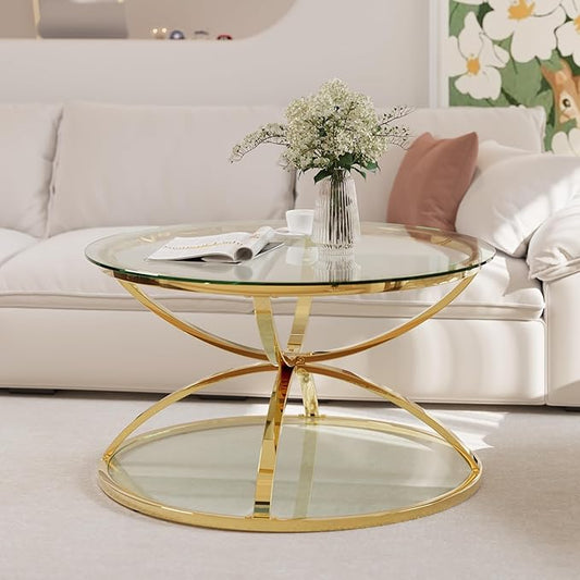 32" Tempered Glass Round Coffee Table Modern Gold Frame Dome Base Two Tiers Circle Living Room Center Tables