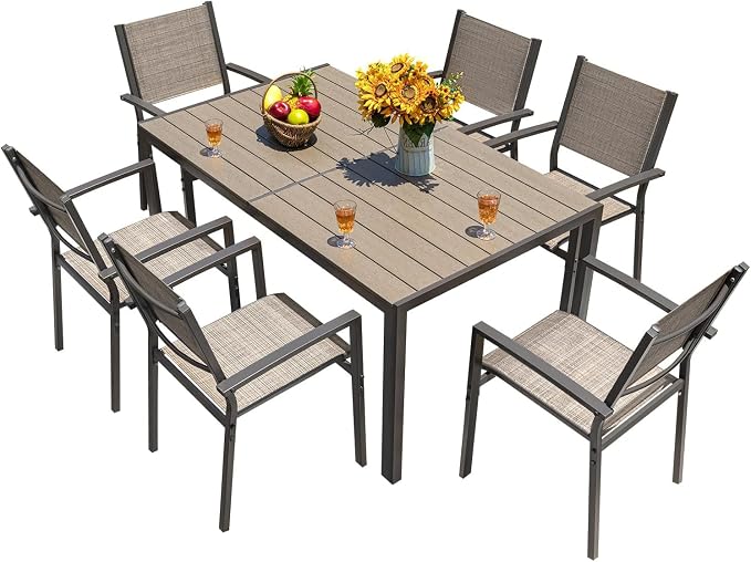 Homall Patio Dining Set 7 Pieces Outdoor Furniture with Large Table and 6 Textilene Chairs for Porch, Poolside, Yard and Garden, Brown by Homall