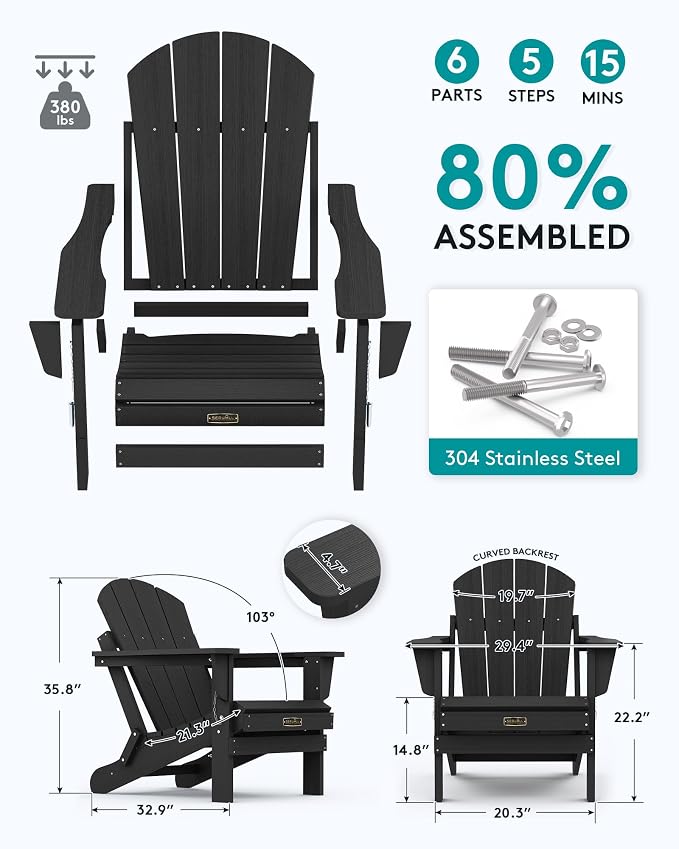 SERWALL Foldable Adirondack Chair Set of 2 for Patio Garden Outdoors Fire Pit-Black - Image 3