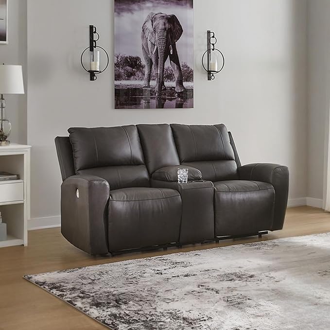 Signature Design by Ashley Boxmere Modern Leather Match Power Reclining Loveseat with Console and USB Ports, Dark Brown