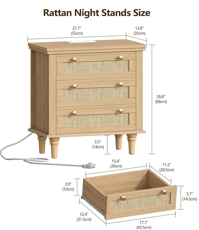 Keehusux Night Stand with 3 Large Storage Drawers, 26.8" H Rattan Nightstand with Charging Station, Boho Bedside Table with Round Handles, Wooden End Table for Bedroom, Natural Oak KES008MECTG - Image 2