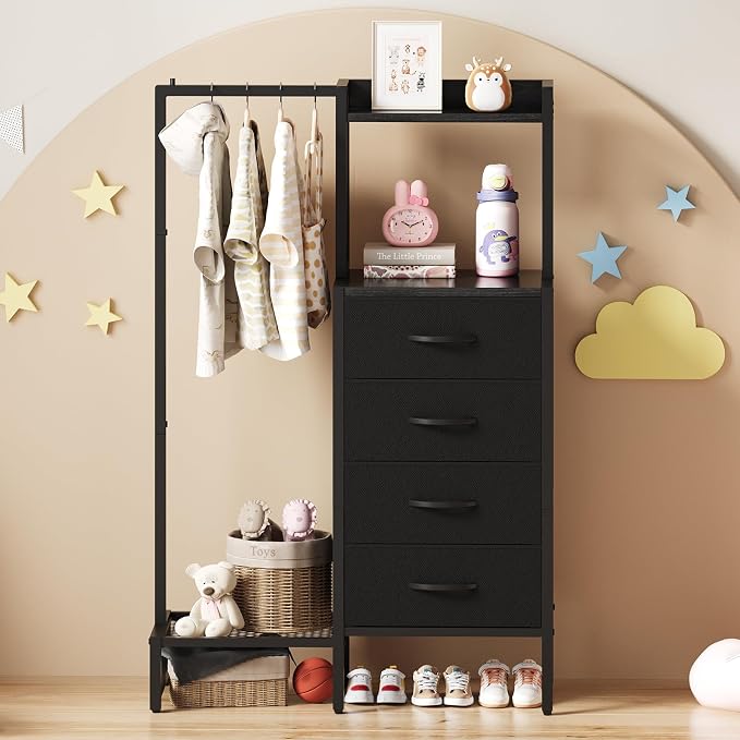 Yoobure Black Dresser with Hanging Rack - Small Closet with 4 Fabric Storage Drawers, 44" H Dresser with Clothes Rack, Chest of Drawer, Kids Dressers for Bedroom, Entryway, Living Room, Sturdy Frame - Image 8