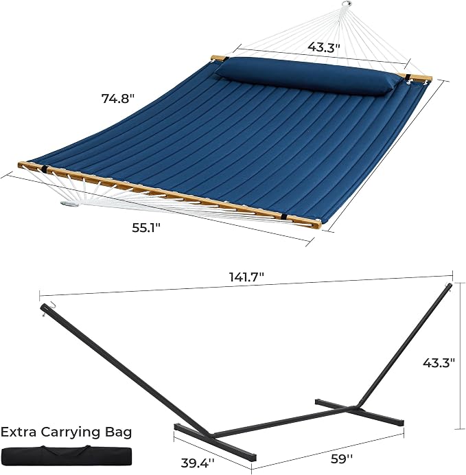 SUPERJARE Hammock with Stand, 2 Person Quilted Outdoor Hammock, Detachable Pillow & Bamboo Spreaders, Portable Hammock with Carrying Bag, Heavy Duty Stand, Perfect for Outside, Patio, Navy Blue - Image 8