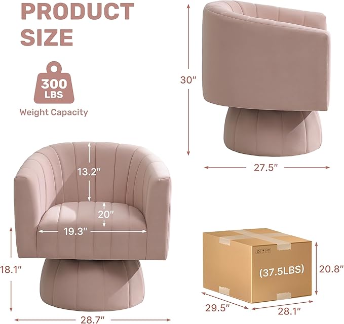 Swivel Accent Barrel Chair, Cute Comfy Small Round 360° Arm Chair. Velvet Sofa Club Reading Chair for Living Room Bedroom Office Pink