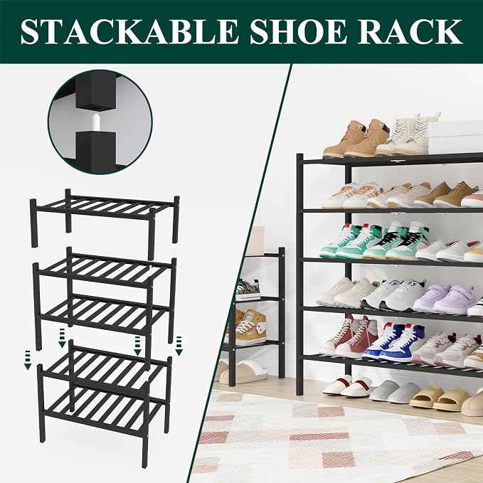 Smiry Shoe Rack, 3 Tier Long Bamboo Shoe Organizer, Stackable Free Standing Wooden Shoe Storage Shelf for Closet, Entryway, Front Door Entrance, Black - Image 4
