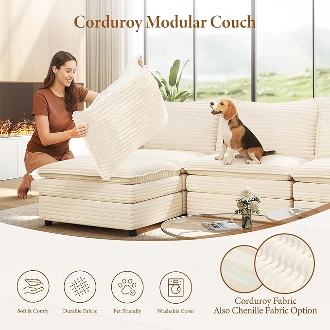 Vesgantti 108" Sectional Sleeper Sofa, 6-Seater Oversized Modular Cloud Couch with Movable Ottoman, Corduroy Large Sofa Bed Convertible Deep Seat Couches for Living Room, Bedroom and Apartment, Beige