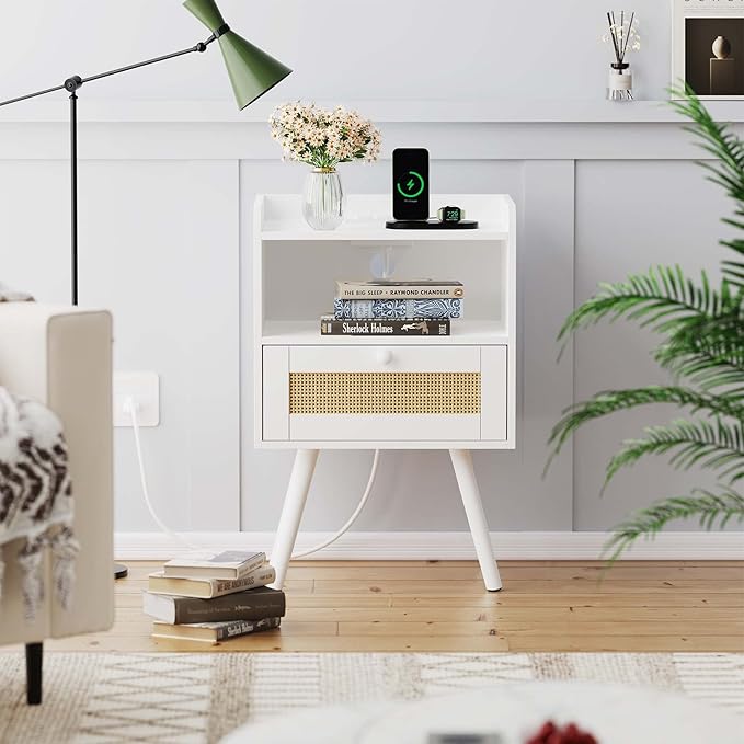 SUPERJARE Nightstands with Charging Station, Bedside Table Set of 2 with PE Rattan Drawers, Rattan Side Table with Storage & Solid Wood Feet, End Table for Bedroom, White - Image 2