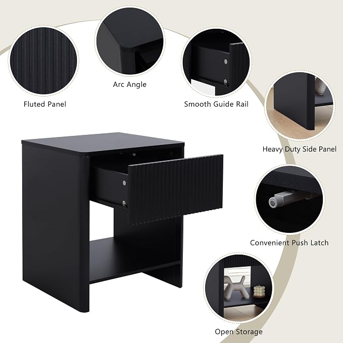 Modern Night Stand Set 2 with Drawer, Black Nightstand for Bedroom, Small End Table with Storage, Living Room/Bed Side Table with Drawer for Small Spaces, Fluted Cabinet Wood Nightstand - Image 3