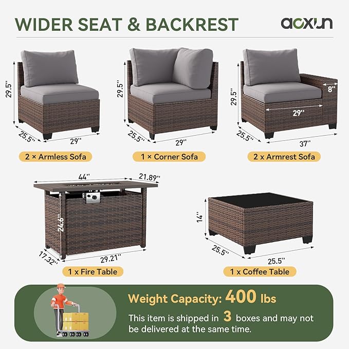 Aoxun Outdoor Patio Furniture Set with 44'' Fire Pit Table, 7 Pcs Outdoor Patio Furniture Sets with 4in Thicken Cushion, Widen Armrests Wicker Outdoor Sectional for Backyard (Waterproof Cover Include)