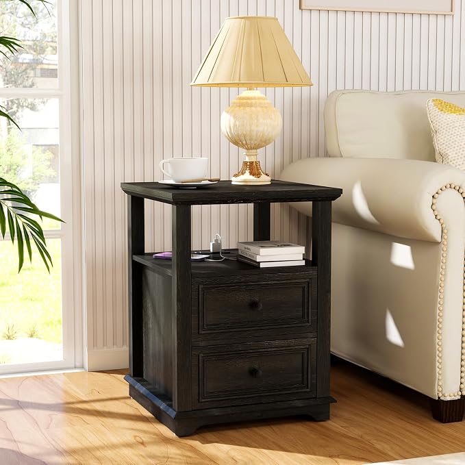 Vipbear 18" Nightstand with Charging Station Black Farmhouse End Table with Drawers Wood Night Stand for Bedroom Modern Bedside End Table with Open Shelf Storage Space by VipbearLiving