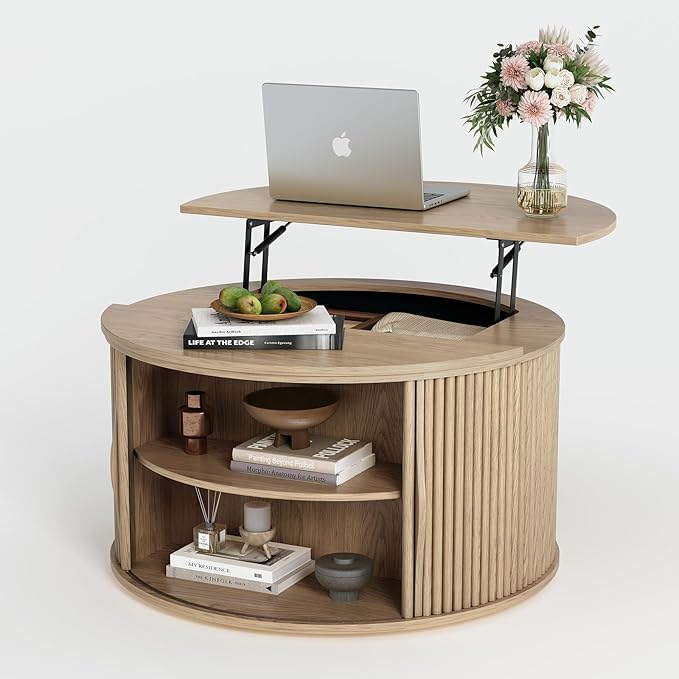 31.5" Round Lift Top Coffee Table with Hidden Storage, Oak Drum Coffee Table for Living Room, Wood Fluted Design Center Table for Small Apartment & WFH