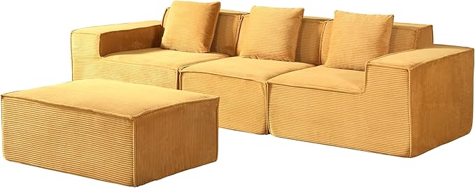 Compressed Sofa L Sectional, 112" Modular Cloud Couch with Ottoman, 23.2" Deep Seat Corduroy High-Back L-Shaped Sectional for Living Room/Bedroom, No Assembly, Ginger Yellow