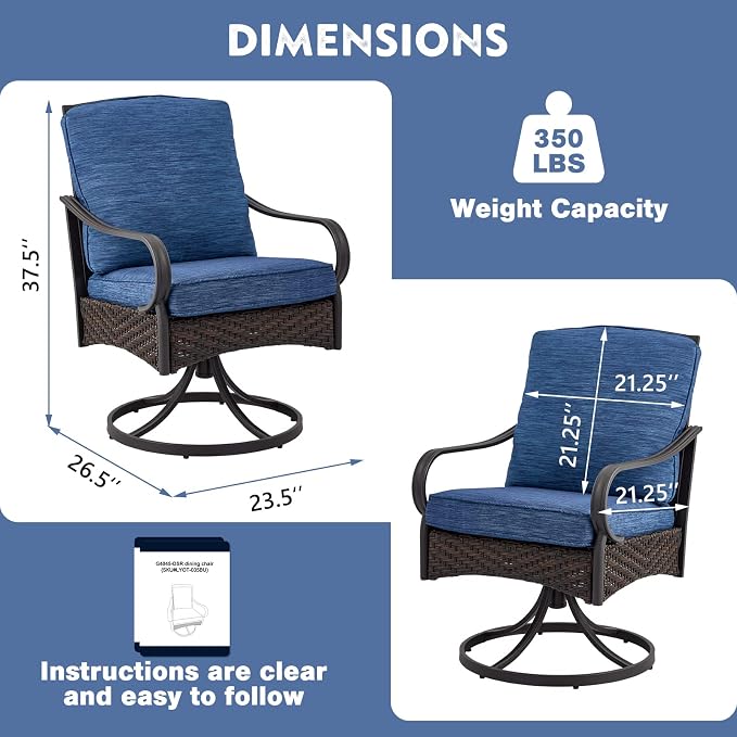 EROMMY Patio Swivel Chairs Set of 6, Outdoor Swivel Chairs with Cushion, Patio Dining Chairs for Garden, Patio, Backyard and Balcony, Blue - Image 3