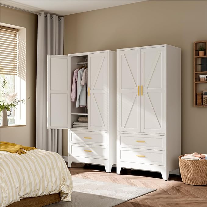 Metal Wardrobe Cabinet, 71" Tall Armoire Wardrobe Closet with 2 Drawers, Hanging Rod and Adjustable Shelf, Farmhouse Clothing Storage Cabinet for Bedroom, Laundry