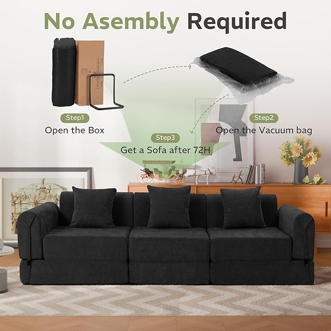 100" Convertible Sleeper Sofa Bed, Oversized Modular Sectional Cloud Sofa with Fixed-Shape Frame & Tabletop, Boneless Couch with Storage Pocket for Living Room, No Assembly Required, Black