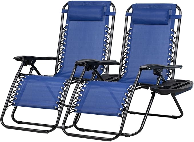 Nazhura Set of 2 Relaxing Recliners Patio Chairs Adjustable Steel Mesh Zero Gravity Lounge Chair Beach Chairs with Pillow and Cup Holder (Blue) by NazhuraGoodCompanionAtHome
