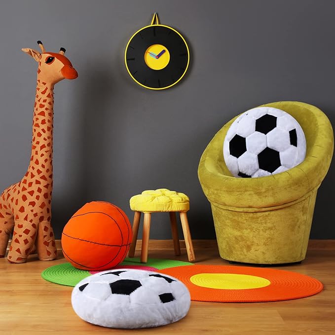 Jetec 2 Pcs Soccer Pillow Fluffy Soft Throw Cute Soccer Shaped Sports Decoration Round Plush Sport Theme Cushion Stuffed Pillow for Bedroom Decoration