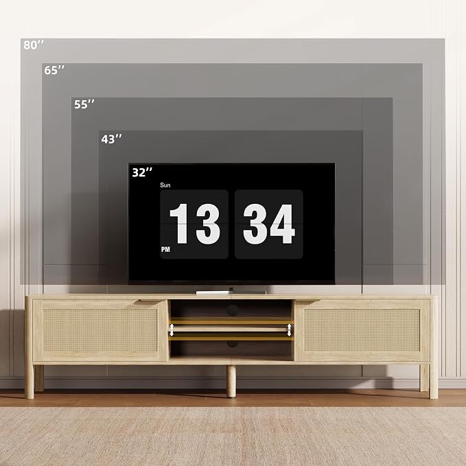 IKALIFE Rattan TV Stand for Living Room - Fits up to 80 Inch TVs, Rattan Media Console Table with Adjustable Shelves & 2 Storage Cabinets, Mid-Century Modern Entertainment Center, Oak 71" - Image 3