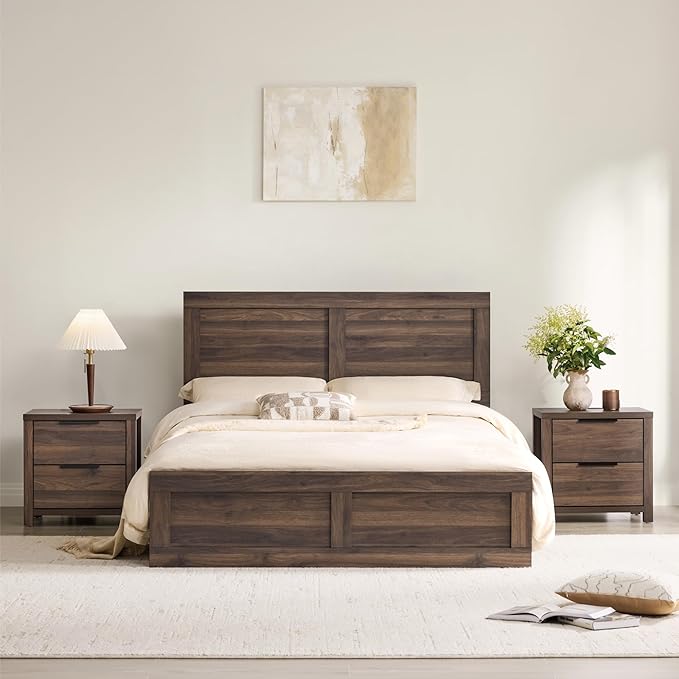 KISLOT 3 Pieces Bedroom Set, Wood Bed Frame with Upholstered Headboard & 2 Nightstands with Storage, Wooden Platform Mattress Foundation Farmhouse Bedroom Furniture Set