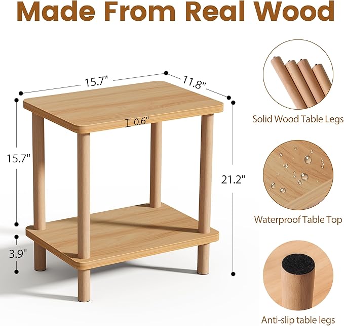2 Tier End Table Low Table with Solid Wood Legs, Small Coffee Table Side Table, Boho Bedside Table with Storage Shelf, Nightstand for Small Spaces, Bedroom, Living Room, Entryway, Farmhouse, Natural