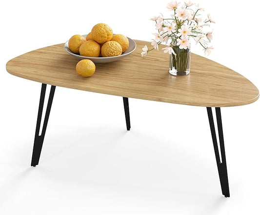 Manora Modern Mid Century Coffee Table, Oval Triangle Wood Center Table with Sturdy Metal Legs, Stylish Living Room Accent Table for Small Spaces