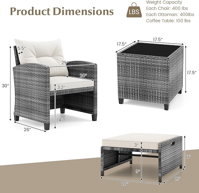 KOTEK 5 Pieces Patio Furniture Set with Ottomans, Wicker Patio Conversation Set with Coffee Table & Cushions, PE Rattan Outdoor Lounge Chairs for Backyard, Porch, Poolside (Mix Grey- Off White)