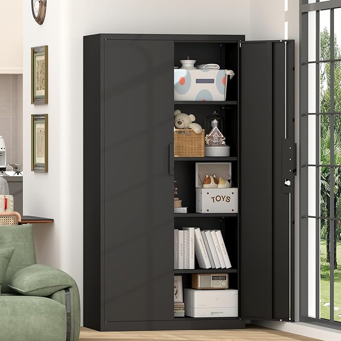 IRONFFICE 72" H Metal Garage Cabinet,Metal Lockable Storage Cabinet with 2 Doors, Locking Tall Garage Storage Cabinets with Adjustable Shelves,Tool Cabinets for Home Office,Gym,School (Black)