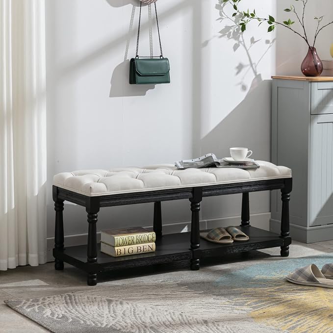 Farmhouse Storage Bench Wooden Entryway Linen Upholstered Ottoman Button Tufted Bench with Black Legs for Bedroom End of Bed Hallway Organizer, Beige, 45 Inch - Image 6